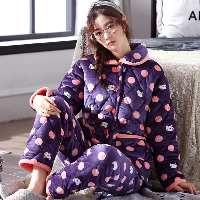 秋冬季珊瑚绒加绒可爱三层睡衣 lianglaiya靓莱雅睡衣/家居服套装