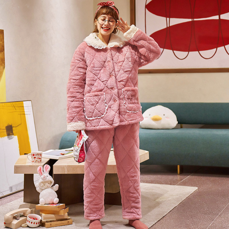 秋冬珊瑚绒三层加绒夹棉袄睡衣 lianglaiya靓莱雅睡衣/家居服套装