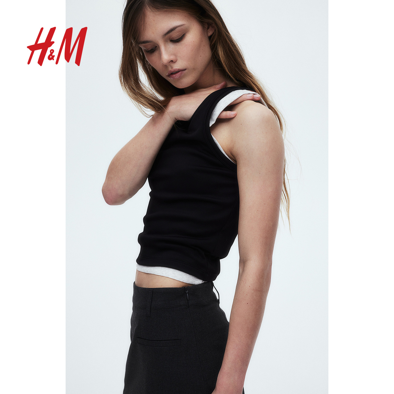 HM女装背心夏季修身罗纹窄边舒适内搭打底短上衣1206248