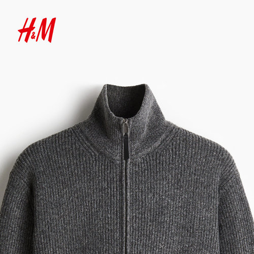 HM男装针织衫冬季时尚标准版型罗纹针织开衫1232055 - 图3