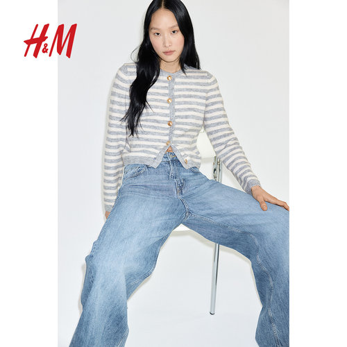 HM女装毛针织衫2025年冬季新款修身事实精致气质miu系开衫1264527 - 图0