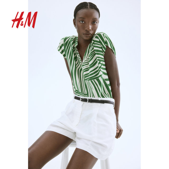 HM Women's Shirt 2025 Autumn New Loose Short-sleeved Chinese Stand Collar Lazy and Relaxed Shirt 1260350