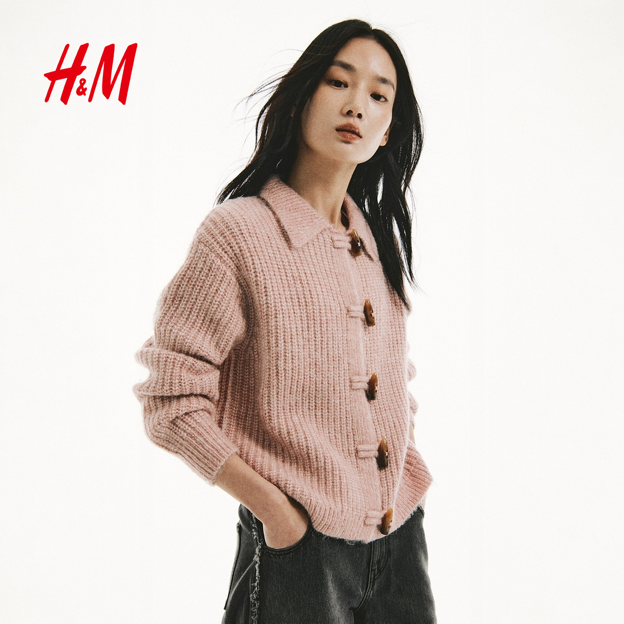 HM2025秋季新款女装有领罗纹针织开衫1322649 - 图0