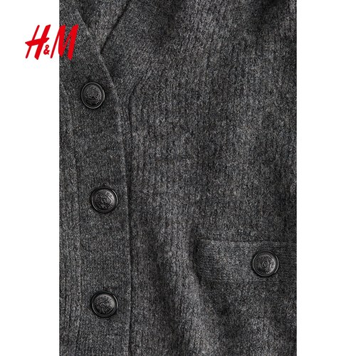 HM女装毛针织衫冬季冬季罗纹保暖开衫宽松V领纽扣气质上衣1254963 - 图0