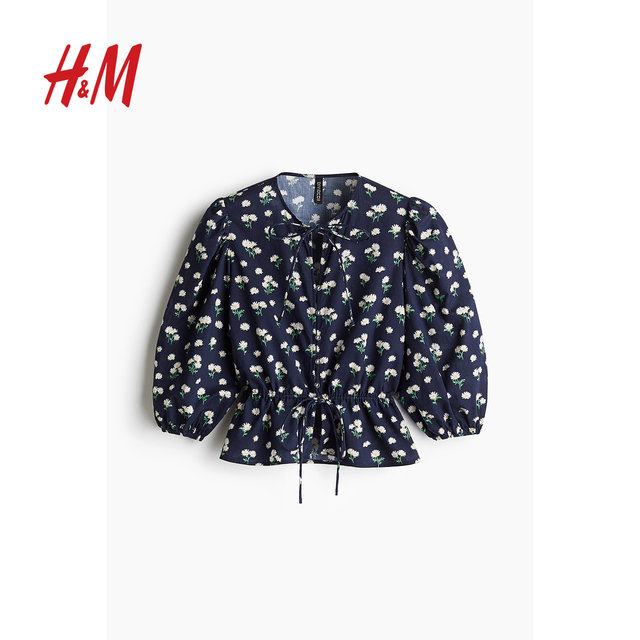 HM Women's Shirt 2025 Winter New Light Winter Style Puff Sleeve Cotton Floral Top 1264057