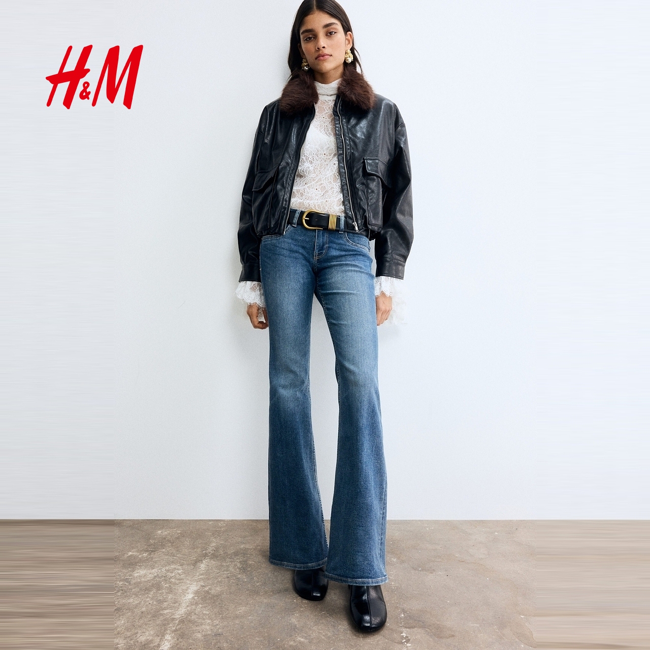 HM女装牛仔裤软牛仔时尚休闲潮流复古修身低腰喇叭长裤1239854 - 图1