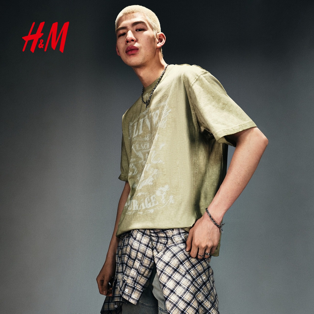 HM男装T恤2025夏季新款正面大印花重磅美式圆领宽松短袖1271804