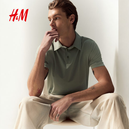 HM男装Polo衫薄款正肩商务通勤风翻领时尚休闲短袖上衣0956343