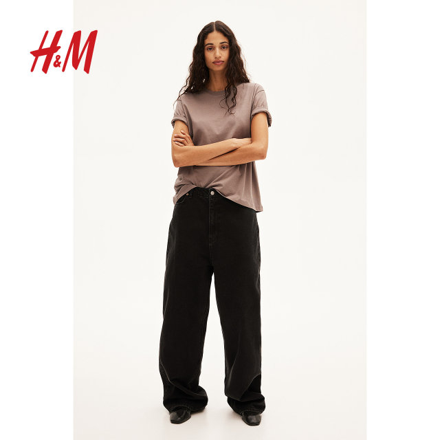 HM women's T-shirt autumn fashion simple fit casual round neck inner short-sleeved top 0963662