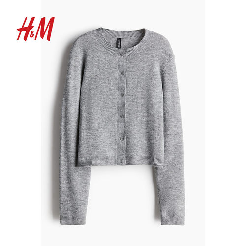 HM女装毛针织衫冬季圆领长袖时尚简约细密针织miu系开衫1245736 - 图3