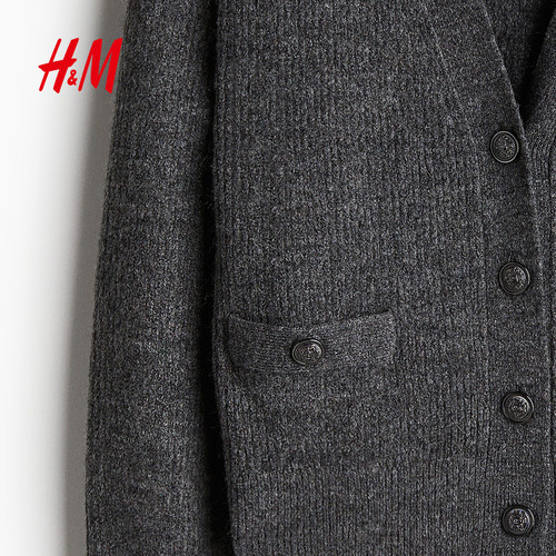 HM女装毛针织衫冬季冬季罗纹保暖开衫宽松V领纽扣气质上衣1254963 - 图2