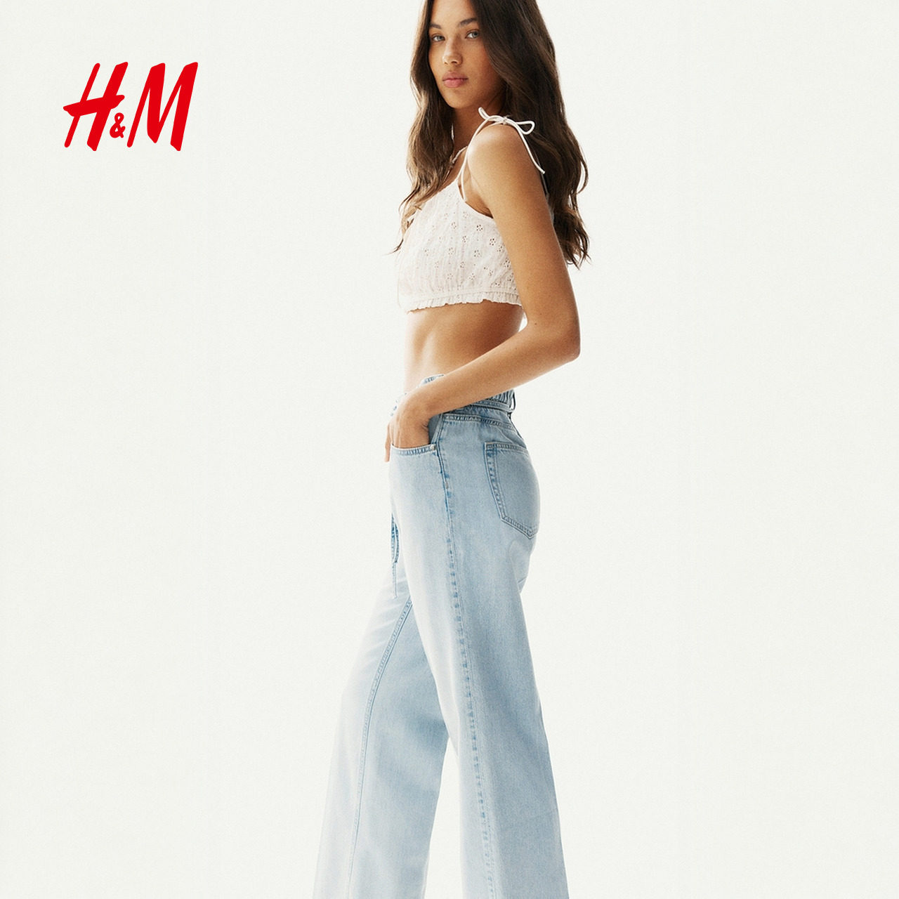 HM女装牛仔裤冬季水洗阔腿牛仔裤配腰带纸袋腰长裤1302179,淘宝优惠券,粉丝福利购,淘宝优惠卷