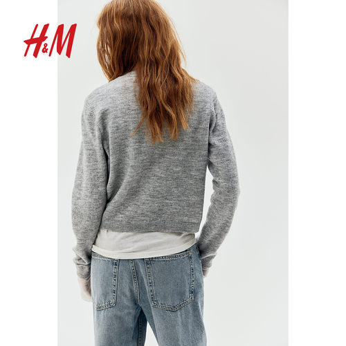 HM女装毛针织衫冬季圆领长袖时尚简约细密针织miu系开衫1245736 - 图2