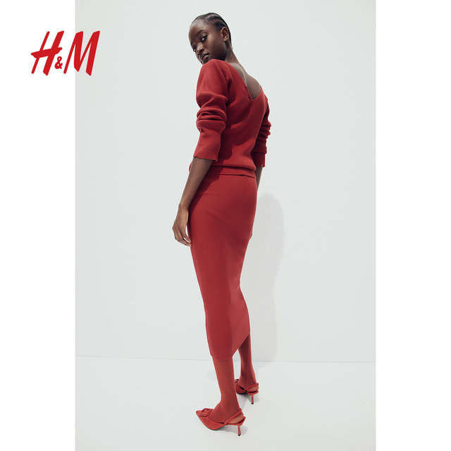 HM Women's Red Skirt Autumn New Year Pencil Skirt Ribbed Knit Dress Slim Skirt 1261055