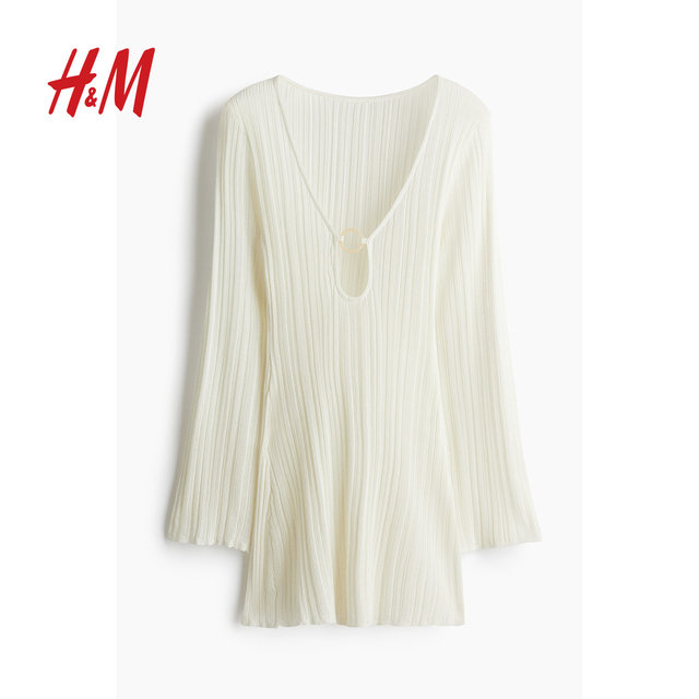 HM Women's Dress 2025 Autumn New V-neck Ribbed Knit Beach Resort Style Long Sleeve Dress 1272279