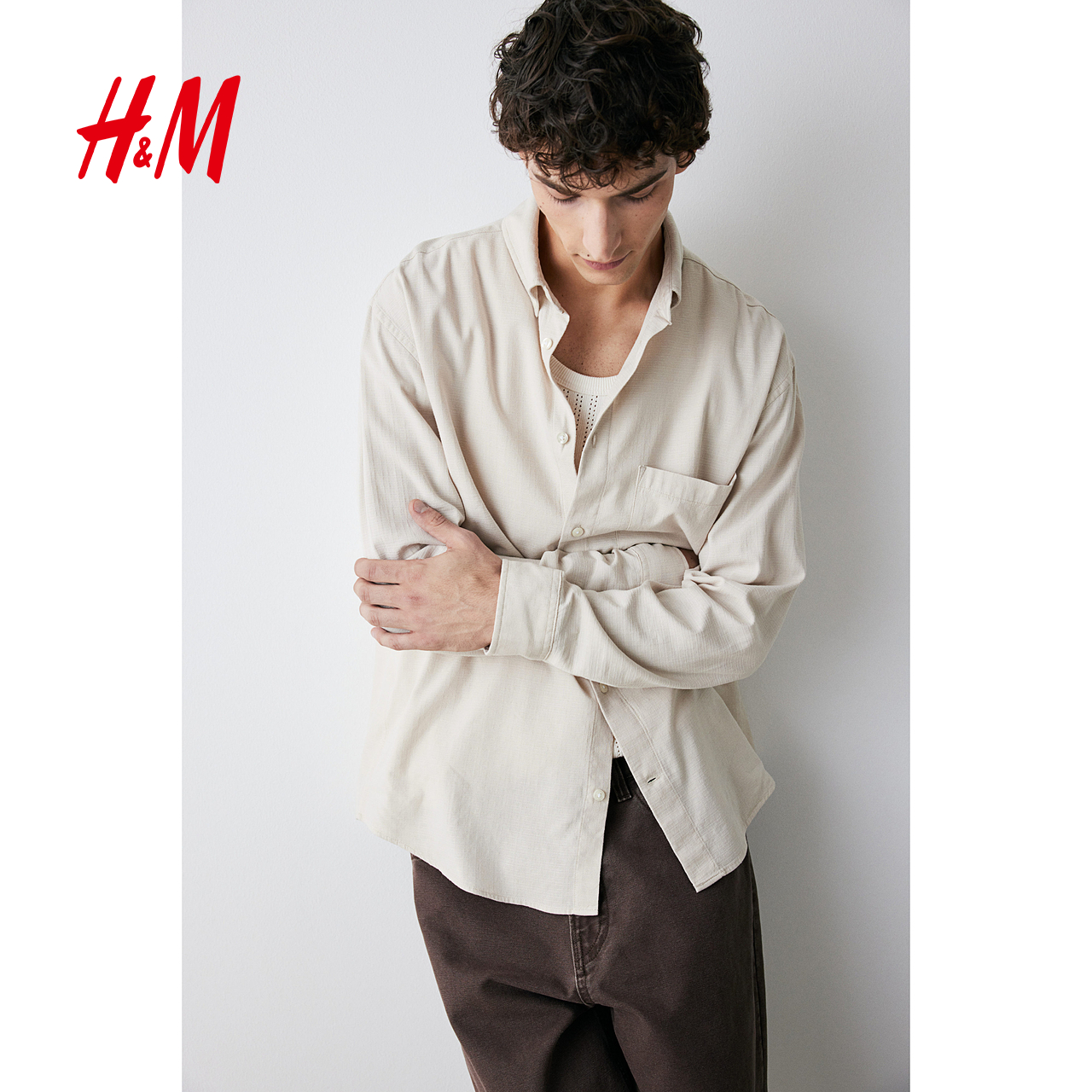 HM男装衬衫秋季新款翻领纹理感长袖衬衣休闲薄外套上衣1251263 - 图1