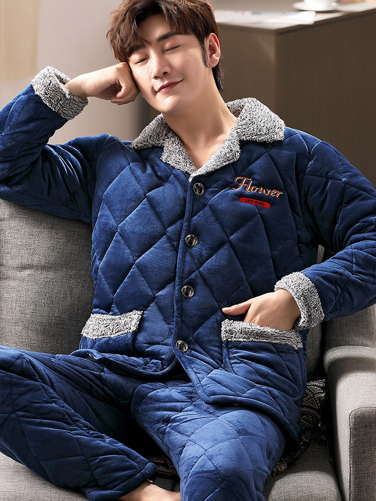 男士冬季三层夹棉加绒法兰绒睡衣 bkt美凯腾睡衣/家居服套装