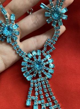 Vintage WIESNER绝美罕见湖蓝色莱茵石水晶项链耳夹中古套装