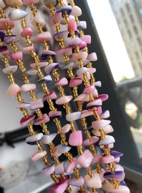 Vintage JAPAN粉紫色彩色母贝多层手工串珠项链复古梦幻母贝项链