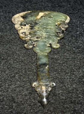 仿古做旧工艺品岫玉雕刻双面工兽面玉斧玉璧玉器摆件