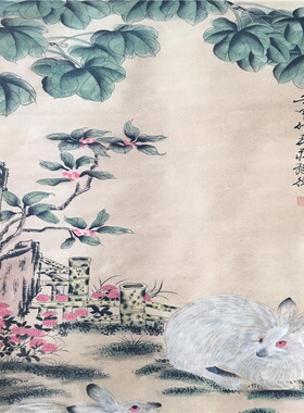 古玩字画复古做旧工艺品中堂画兔子图已装裱室内装饰画批发
