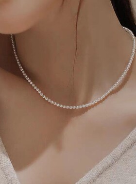 s925纯银白色正圆无暇珍珠项链女法式感施家光泽灰珍珠锁骨链
