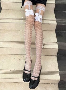 蕾丝花边吊带辣妹性感渔网袜半截蝴蝶结黑丝女长筒黑色丝袜过膝jk