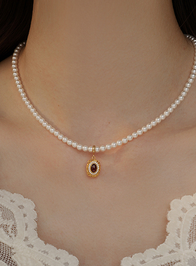 饰悟碧玺吊坠珍珠项链锁骨链女