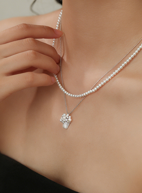 法式超闪满钻珍珠双层锁骨链