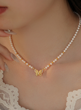 饰悟银饰古法沙金蝴蝶珍珠项链女
