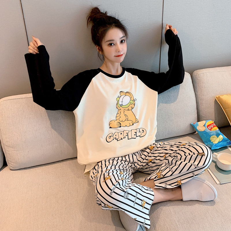 加菲猫女春夏纯棉长袖可爱外穿睡衣 pkk睡衣/家居服套装