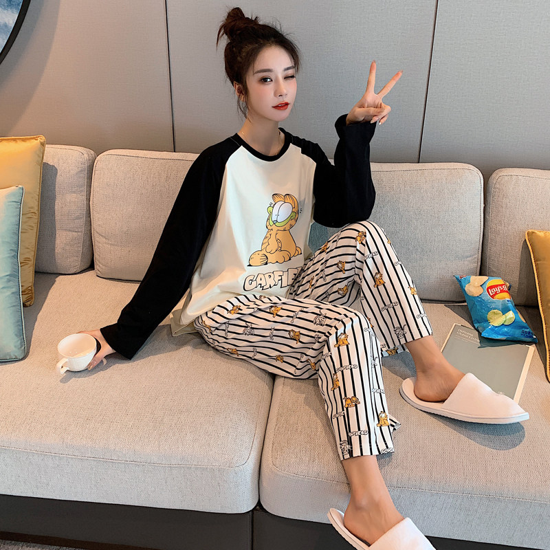 加菲猫女春夏纯棉长袖可爱外穿睡衣 pkk睡衣/家居服套装