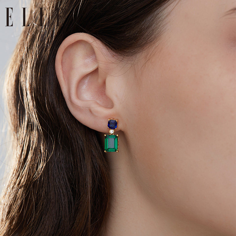 elle祖母绿彩色蓝宝石银耳针耳环 elle饰品耳钉
