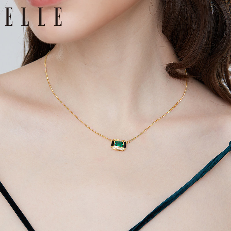 elle祖母绿色彩色宝石高级感锁骨链 elle饰品项链