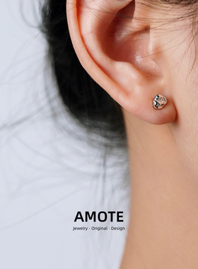AMOTE 手工不规则肌理通体S925银耳钉简约小众陨石耳环碎银耳饰