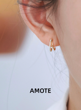 AMOTE 法式双层镶钻925银耳钉女简约闺蜜精致耳环小众月牙高级感