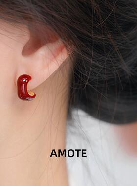 AMOTE《红丝绒》复古安可拉红色耳钉S925银耳环轻奢高级新年氛围