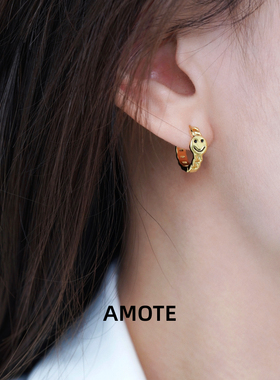 AMOTE 可爱笑脸耳环S925银耳圈小众设计高级感耳扣金色ins风耳饰