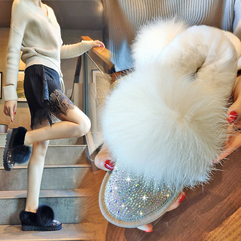 水钻雪地靴女冬短筒平底豆豆鞋低帮加绒保暖棉鞋兔毛球带钻毛毛鞋,淘宝优惠券,粉丝福利购,淘宝优惠卷