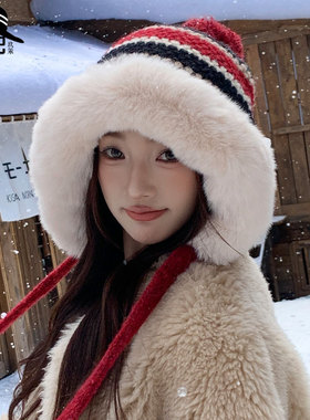 针织帽子工厂现货费尔岛风加绒加厚毛领毛线帽女生减龄防风保暖帽