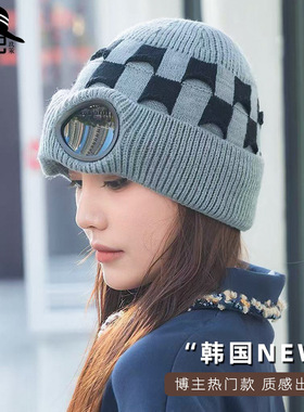 亚马逊欧美款秋冬季男女防风镜加绒滑雪帽针织保暖护目眼镜毛线帽