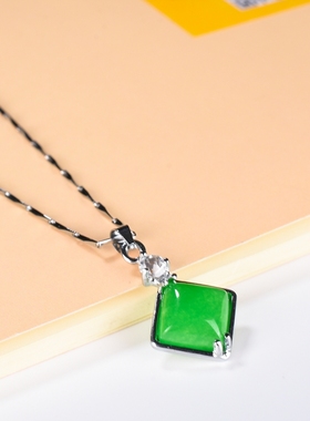 菱形挂件项链坠配饰银镶玉