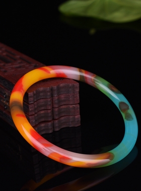 和田玉金丝玉鸡血飘花细圆条手镯