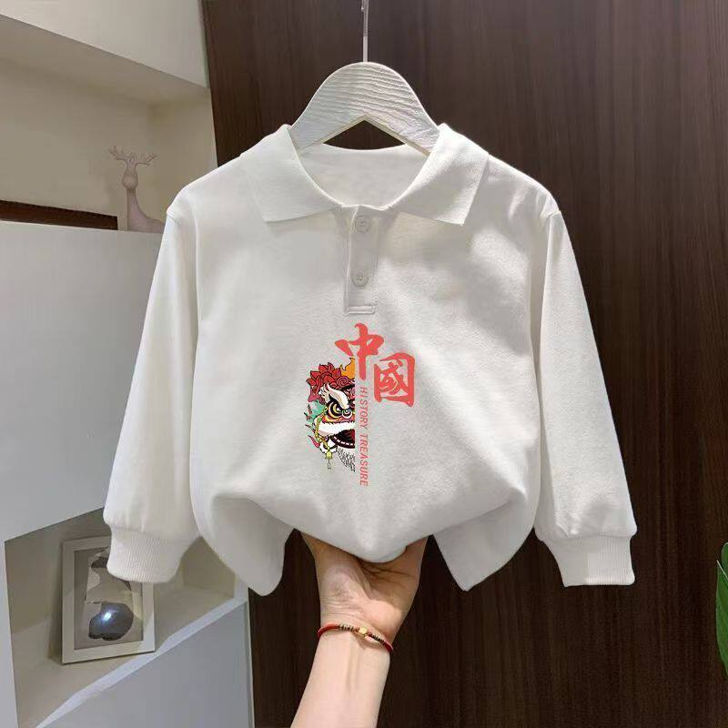 polo衫中大童加绒国风字母印花纯棉长袖上衣儿童翻领显瘦童装卫衣