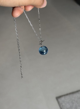 16.4mm 通体S925银镶OT一体链天然魔鬼蓝海蓝宝石单珠吊坠锁骨链