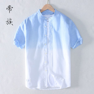 夏威夷青年男士衬衫短袖立领炫彩色亚麻料潮沙滩渐变色棉麻港风男