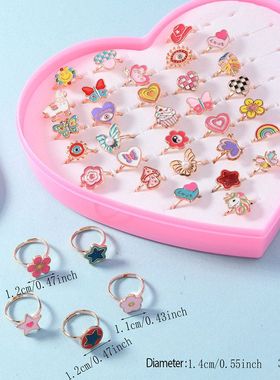 跨进热卖儿童戒指套装合金女童滴油戒指精美指环可调节爱心盒套款