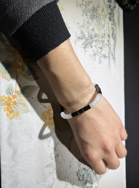 新疆和田玉白玉墨玉阴阳归方直切药片手串情侣款