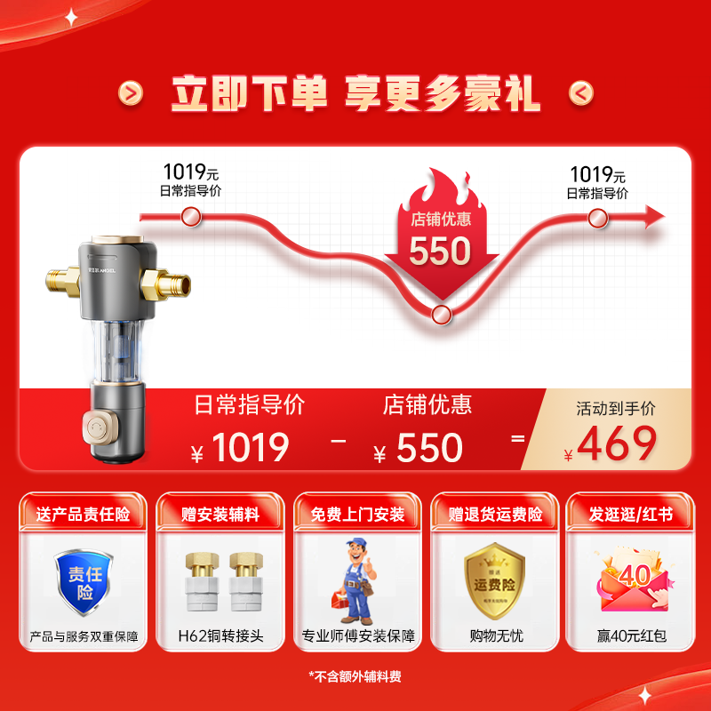 安吉尔前置过滤器家用饮水机反冲洗全铜防爆大流量自来水新款净水-图0