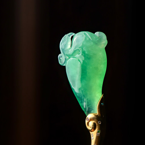 羊子珠宝 有凤来仪 老坑冰种满绿设计款翡翠凤凰发簪12.18 - 图0